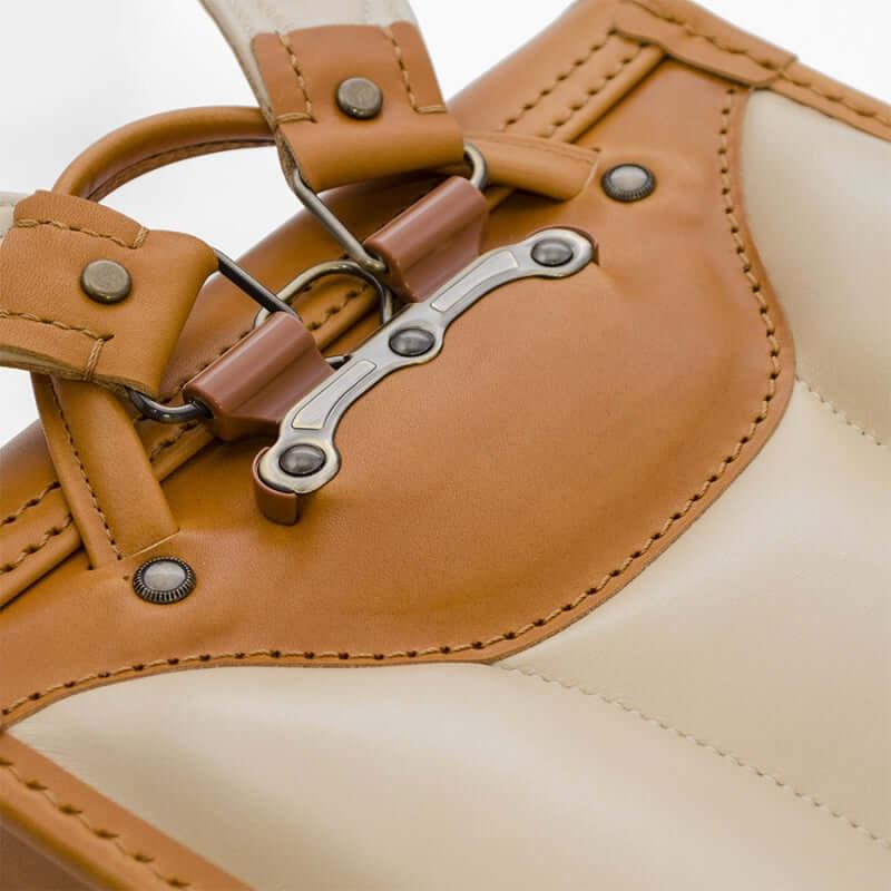 Premium Adults Randoseru by Murase Kabanko – close-up of tan and cream Japanese randoseru backpack handle and stitching detail