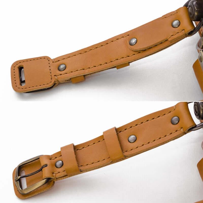Premium Adults Randoseru by Murase Kabanko – close-up of tan leather randoseru backpack strap with adjustable buckle and stitching detail