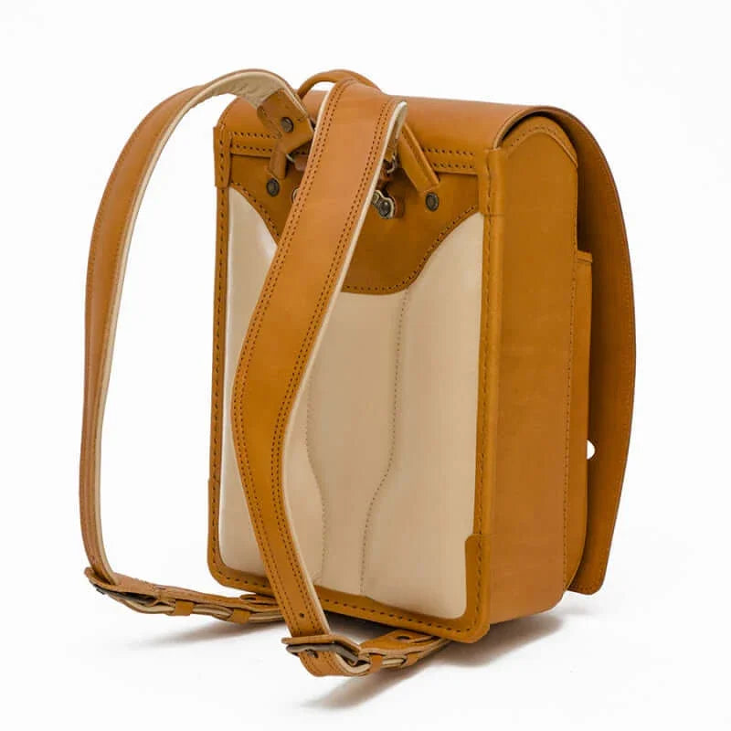 Premium Adults Randoseru by Murase Kabanko – tan Japanese Randoseru backpack with padded beige back panel and adjustable straps