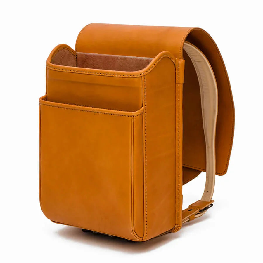 Premium Adults Randoseru by Murase Kabanko – brown Japanese randoseru backpack with structured leather design, front pocket, and sturdy straps