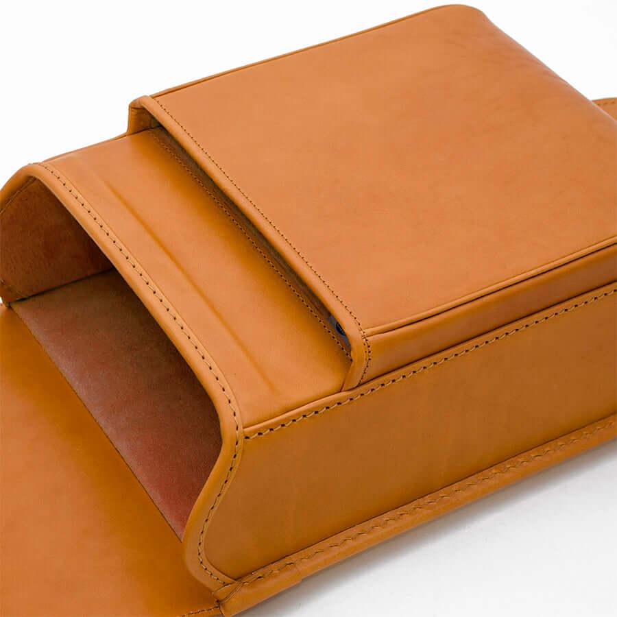 Premium Adults Randoseru by Murase Kabanko – close-up of an open tan Japanese randoseru backpack with visible stitching