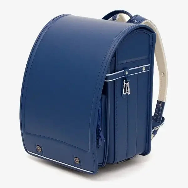 Bolca Randoseru – Leather by Murase Kabanko – navy blue Japanese randoseru backpack with white stitching and metal clasp on side