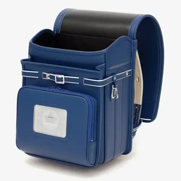 Bolca Randoseru – Leather by Murase Kabanko – blue Japanese randoseru backpack with front zip pocket and white trim for kids