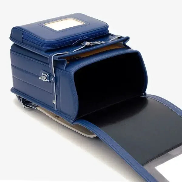 Bolca Randoseru – Leather by Murase Kabanko – open blue Japanese randoseru backpack with spacious main compartment and leather details