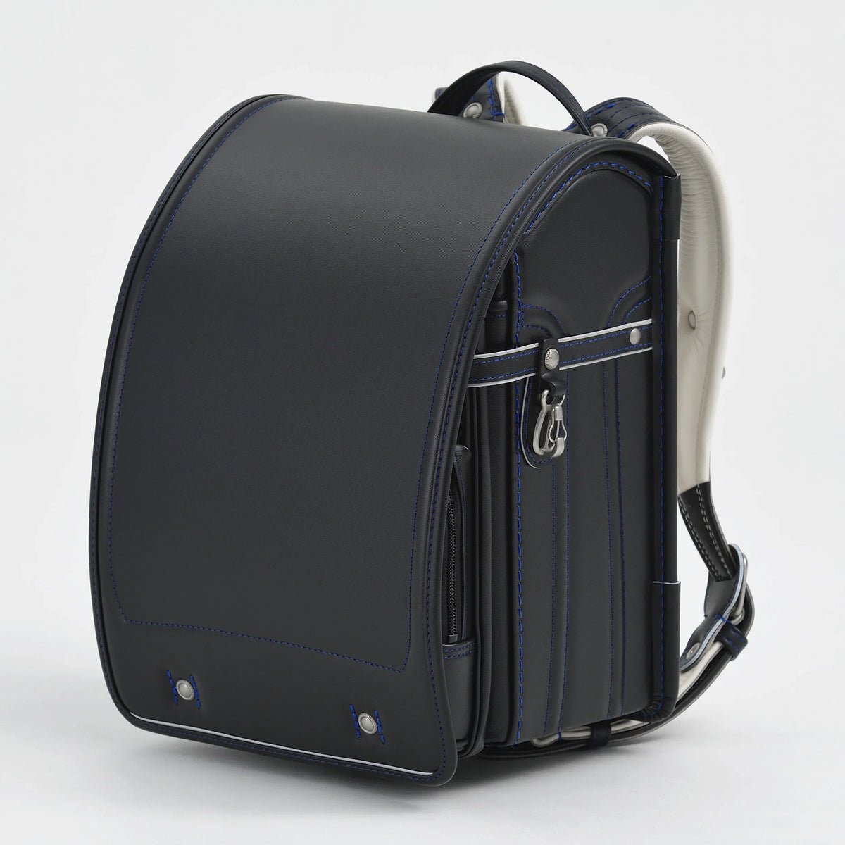 Bolca Randoseru by Murase Kabanko – black Japanese Randoseru backpack with blue stitching on white background