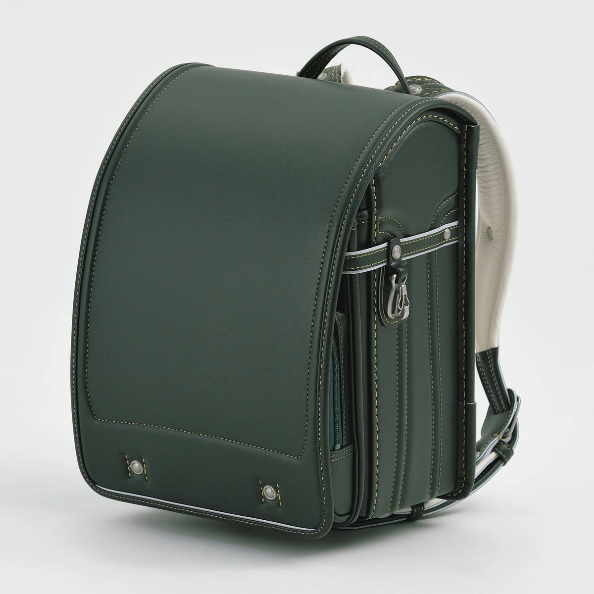 Bolca Randoseru by Murase Kabanko – japanese green randoseru backpack with white trim on a plain background