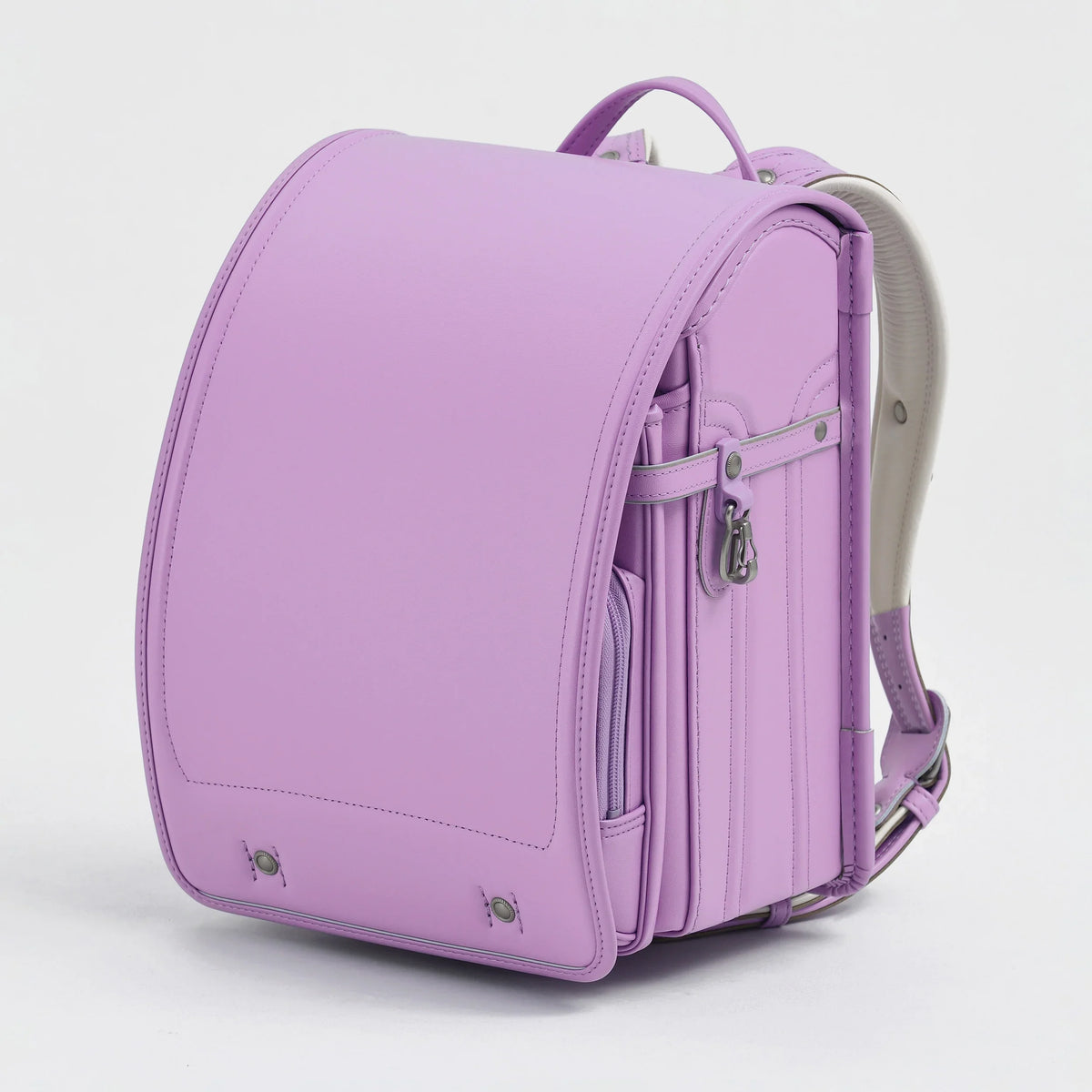 Bolca Randoseru by Murase Kabanko – lavender Japanese randoseru backpack with side pockets and white straps on white background