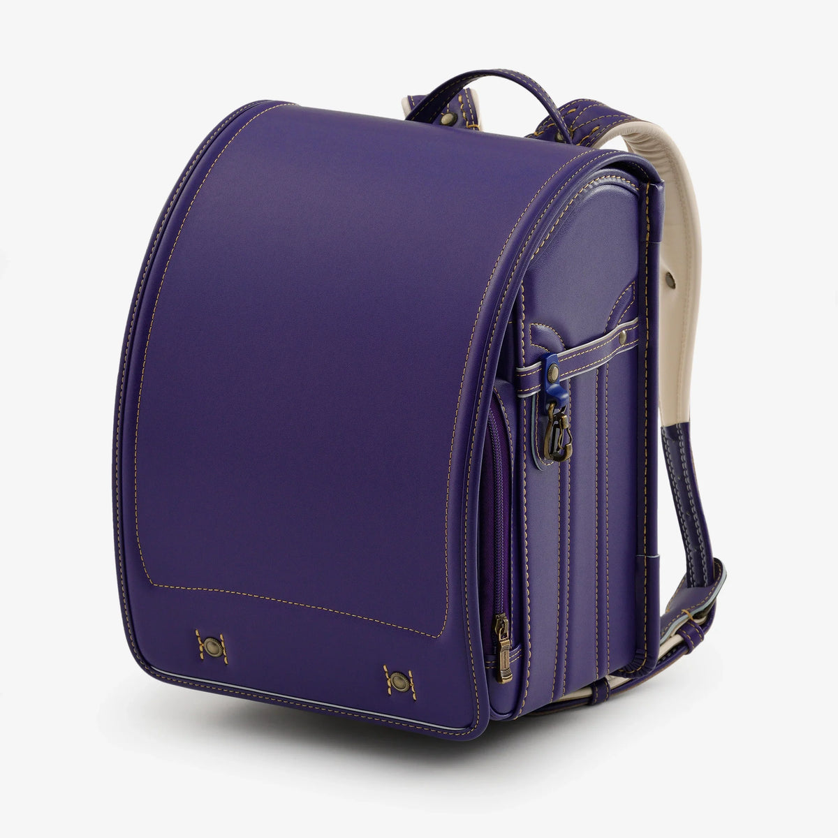 Bolca Randoseru – Leather by Murase Kabanko – purple Japanese randoseru backpack with beige interior and detailed stitching on white background