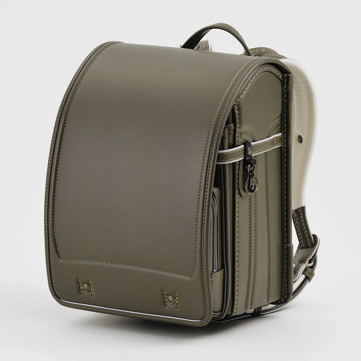 Bolca Grayish Randoseru by Murase Kabanko – olive green Japanese randoseru backpack with sturdy stitching and structured design