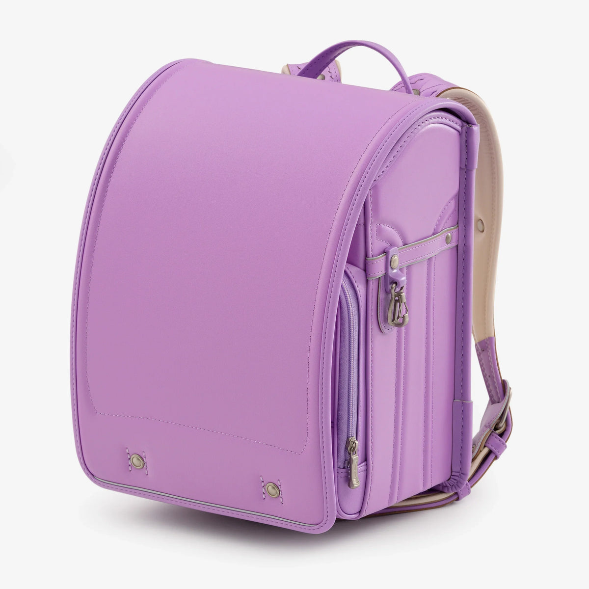 Bolca Randoseru – Leather by Murase Kabanko – lavender Japanese randoseru backpack with sleek design and silver hardware on white background