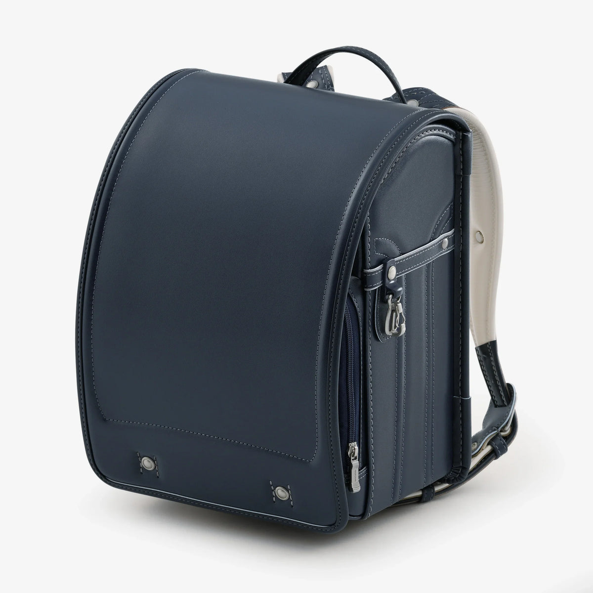 Bolca Randoseru – Leather by Murase Kabanko – navy blue Japanese randoseru backpack with side pocket on white background
