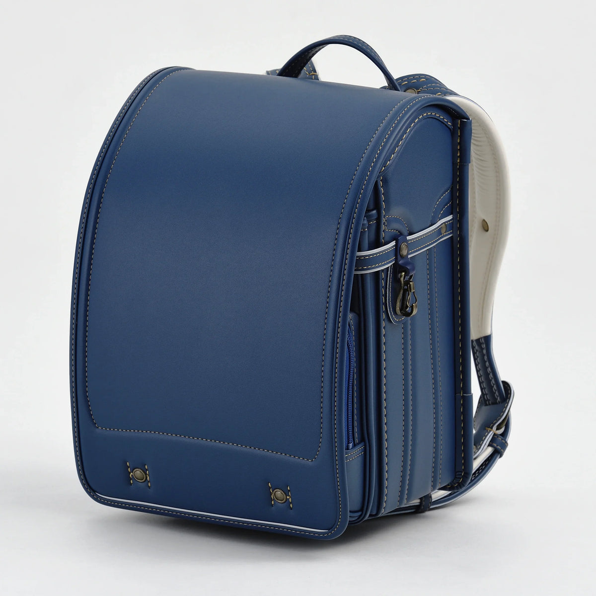 Bolca Grayish Randoseru by Murase Kabanko – blue Japanese randoseru backpack with white stitching on plain background