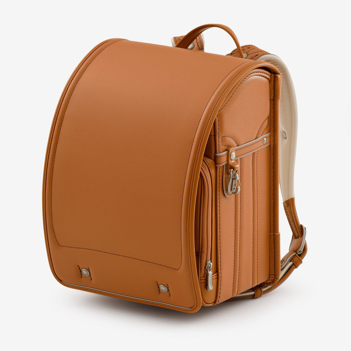 Bolca Randoseru – Leather by Murase Kabanko – tan Japanese randoseru backpack with side pocket and silver clasps on white background