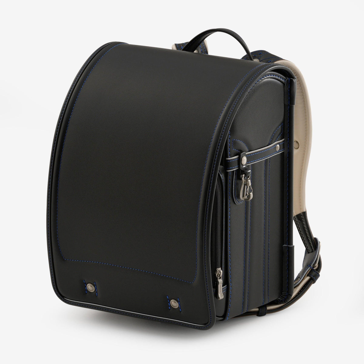Bolca Randoseru – Leather by Murase Kabanko – black Japanese randoseru backpack with blue stitching on white background