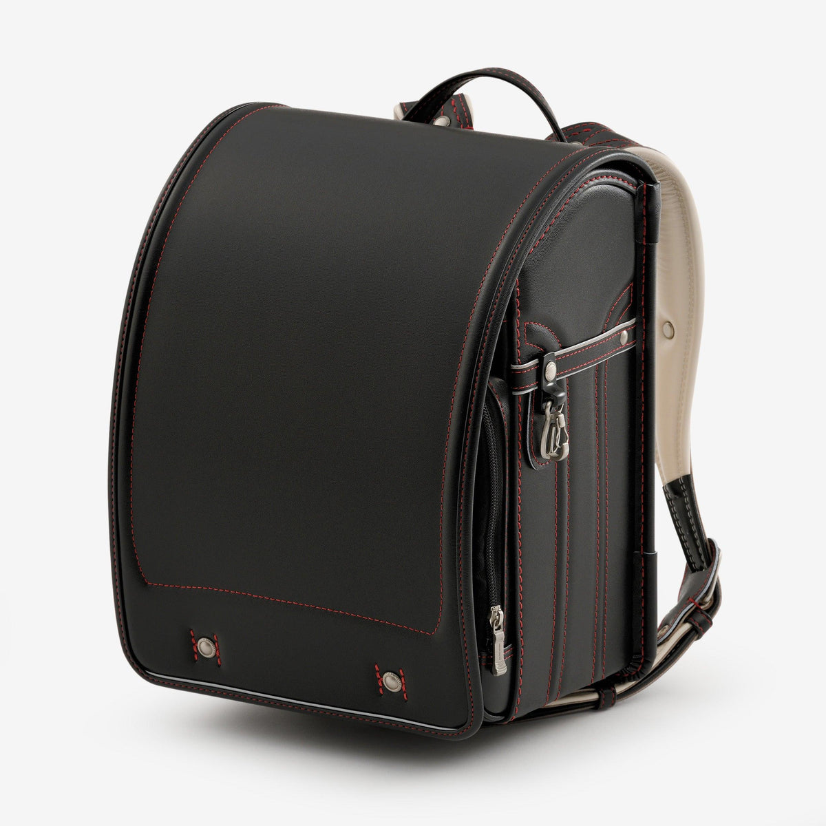 Bolca Randoseru – Leather by Murase Kabanko – black Japanese randoseru backpack with red stitching, side pocket, and beige straps