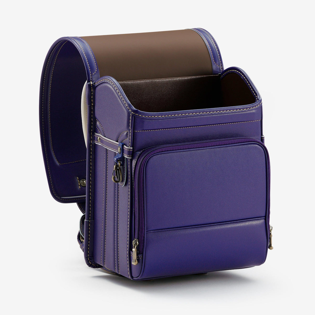 Bolca Randoseru – Leather by Murase Kabanko – purple Japanese Randoseru backpack with front pocket and brown interior, open lid.