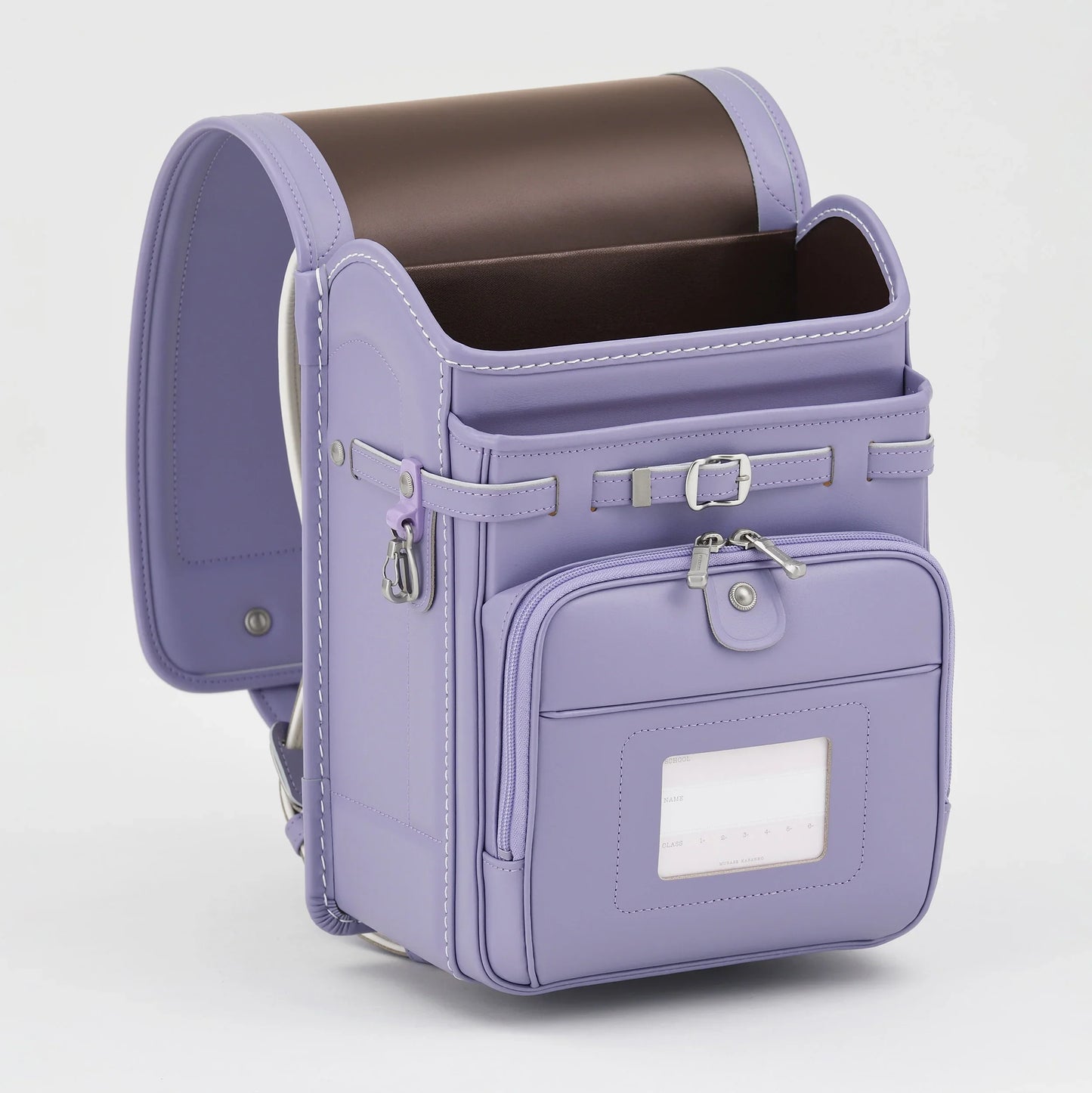 Lavender Japanese randoseru backpack with brown interior, front pocket, and card holder