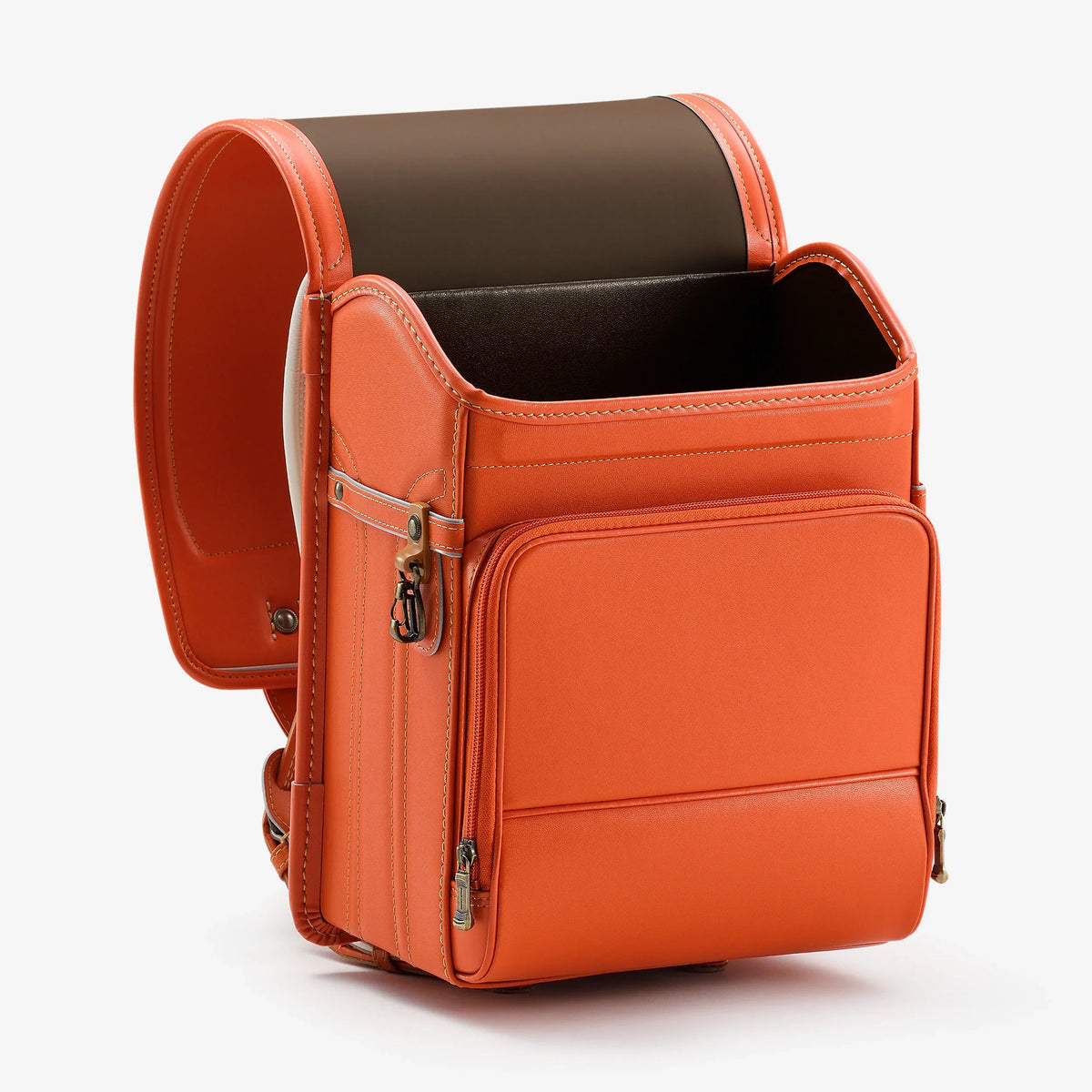 Bolca Randoseru – Leather by Murase Kabanko – orange Japanese randoseru backpack with front pocket and brown interior on white background