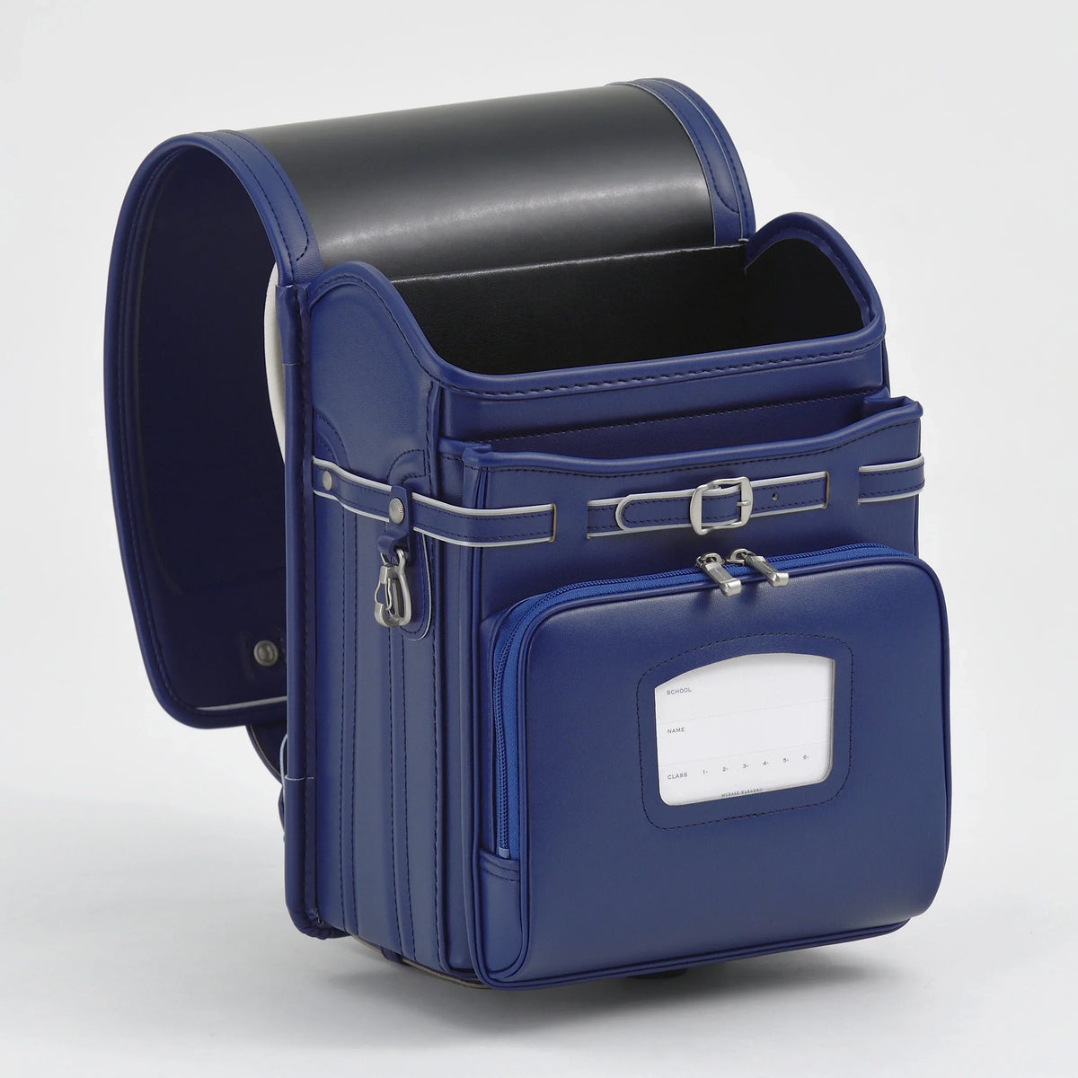 Bolca Randoseru by Murase Kabanko – blue Japanese randoseru backpack for kids with structured design and front pocket on white background