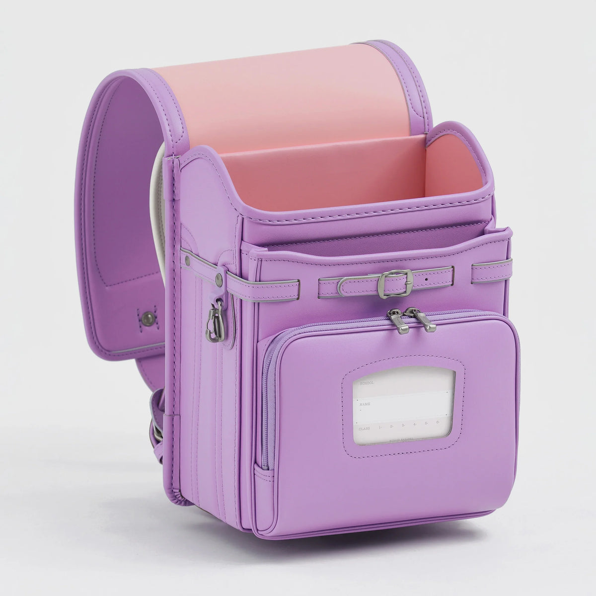 Bolca Randoseru by Murase Kabanko – lilac Japanese randoseru backpack with pink interior, front pocket, and silver hardware