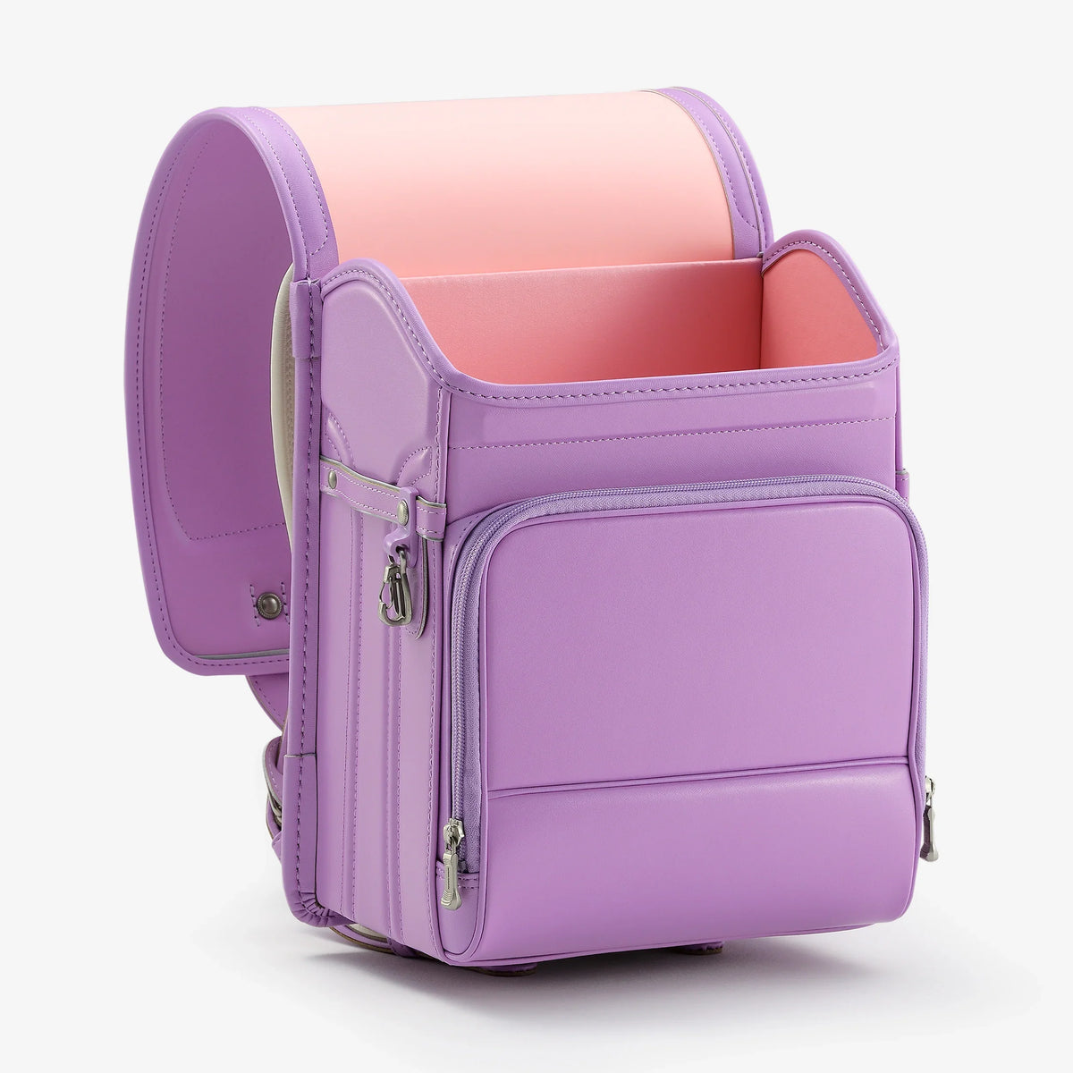 Bolca Randoseru – Leather by Murase Kabanko – lavender Japanese randoseru backpack with pink interior, structured design, front pocket