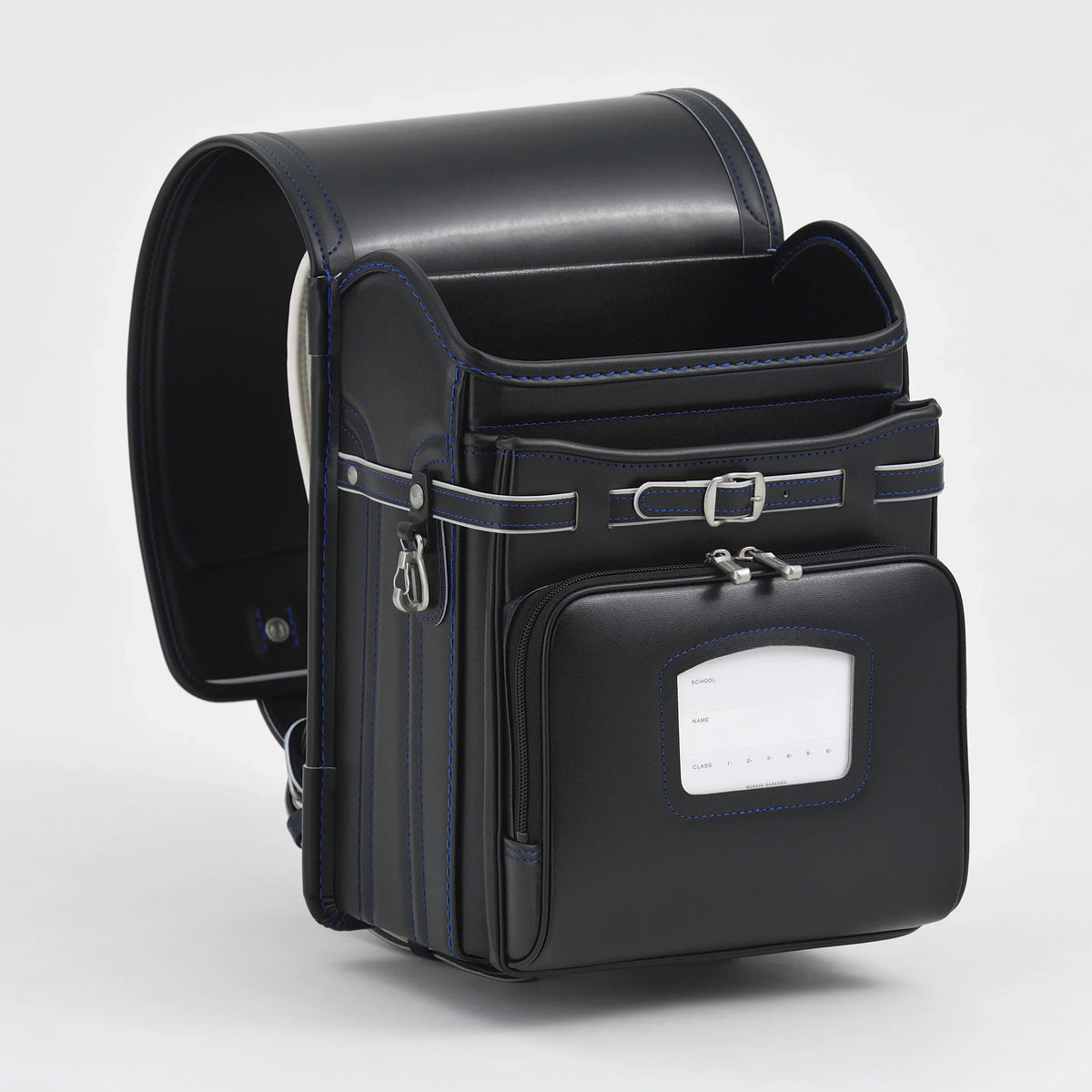 Bolca Randoseru by Murase Kabanko – black Japanese randoseru backpack with blue stitching and front zip pocket for school use
