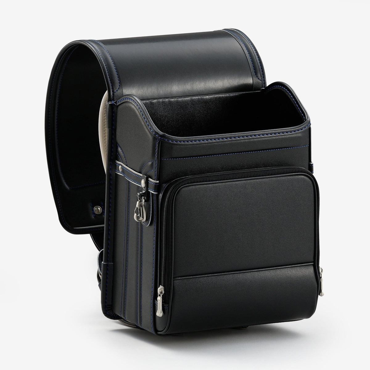 Bolca Randoseru – Leather by Murase Kabanko – black Japanese randoseru backpack with blue stitching, open top, front zip pocket, silver hardware