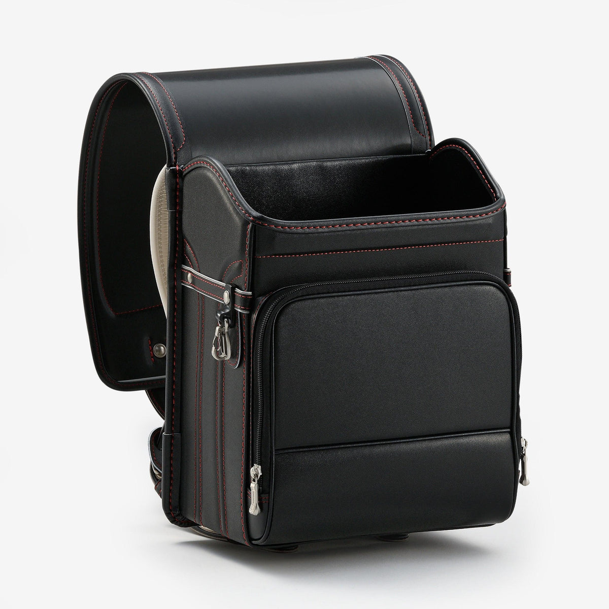 Bolca Randoseru – Leather by Murase Kabanko – black Japanese randoseru backpack with red stitching on a white background