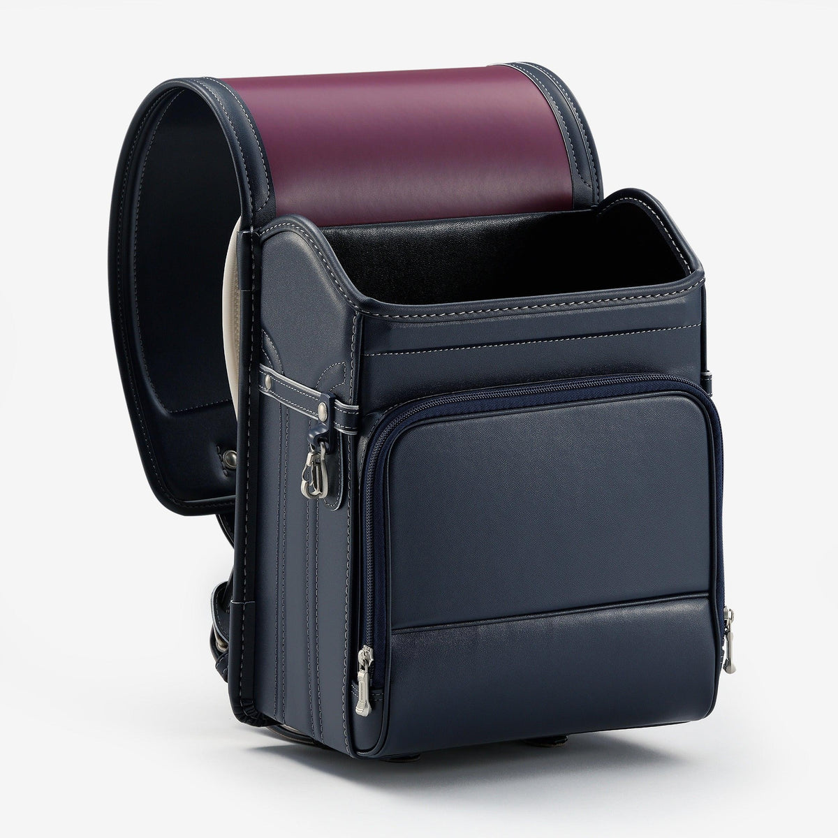 Bolca Randoseru – Leather by Murase Kabanko – navy and burgundy Japanese randoseru backpack with front pocket and silver hardware