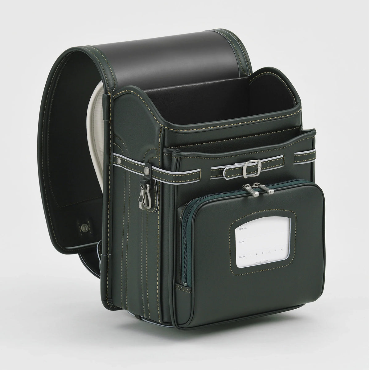 Bolca Randoseru by Murase Kabanko – authentic Japanese randoseru backpack in dark green with detailed stitching and front pocket