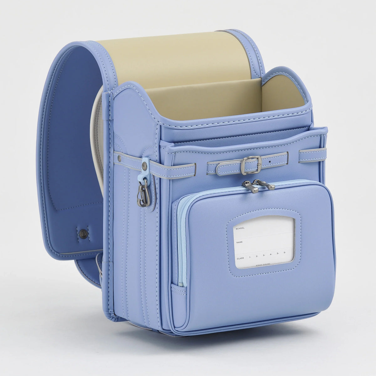 Bolca Randoseru by Murase Kabanko – light blue Japanese randoseru backpack with beige interior and front zip pocket