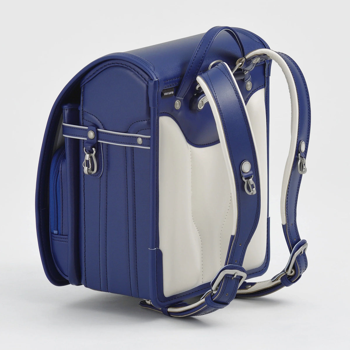 Bolca Randoseru by Murase Kabanko – blue and white Japanese Randoseru backpack with adjustable straps, rear view on white background
