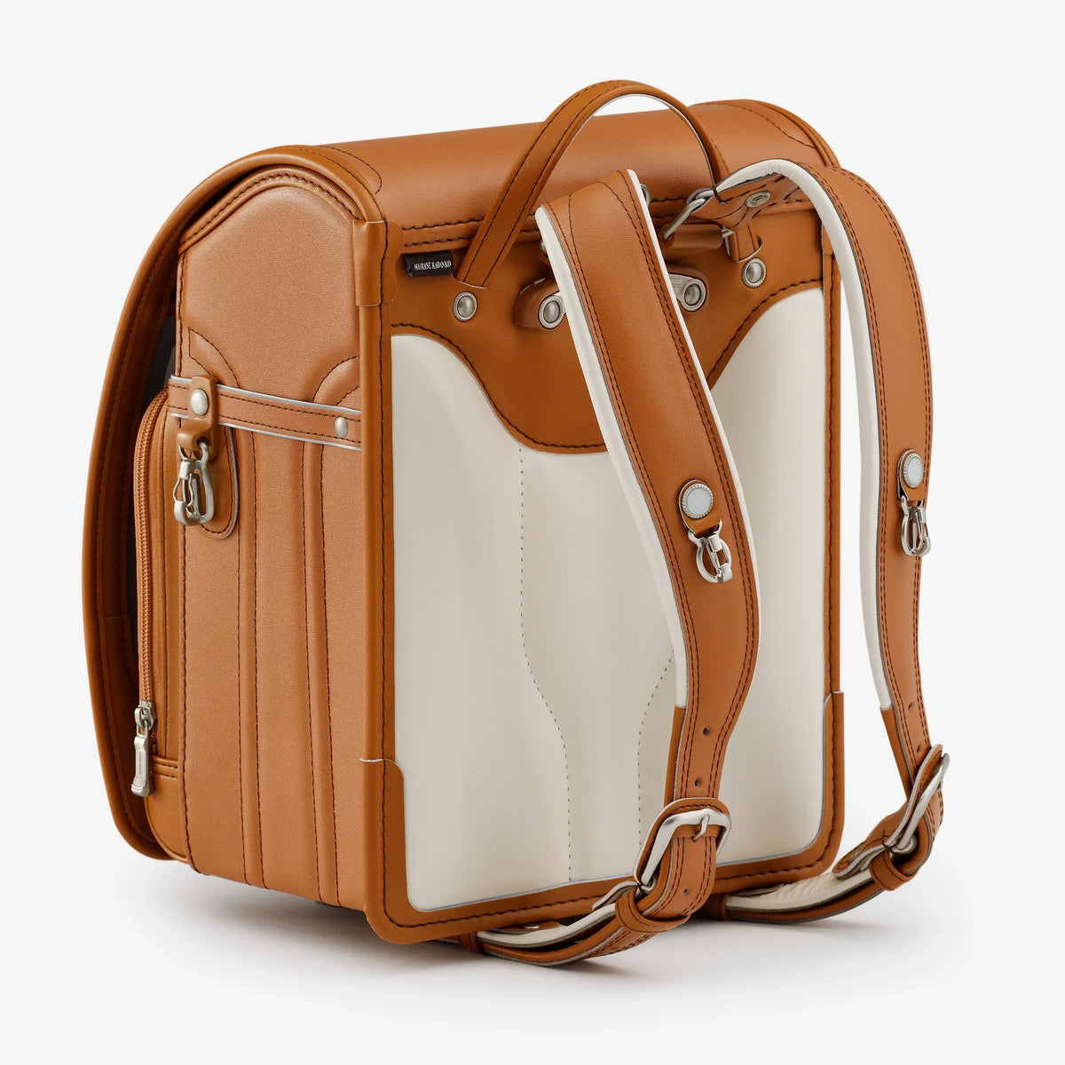 Bolca Randoseru by Murase Kabanko – tan and white Japanese Randoseru backpack with adjustable straps on a white background
