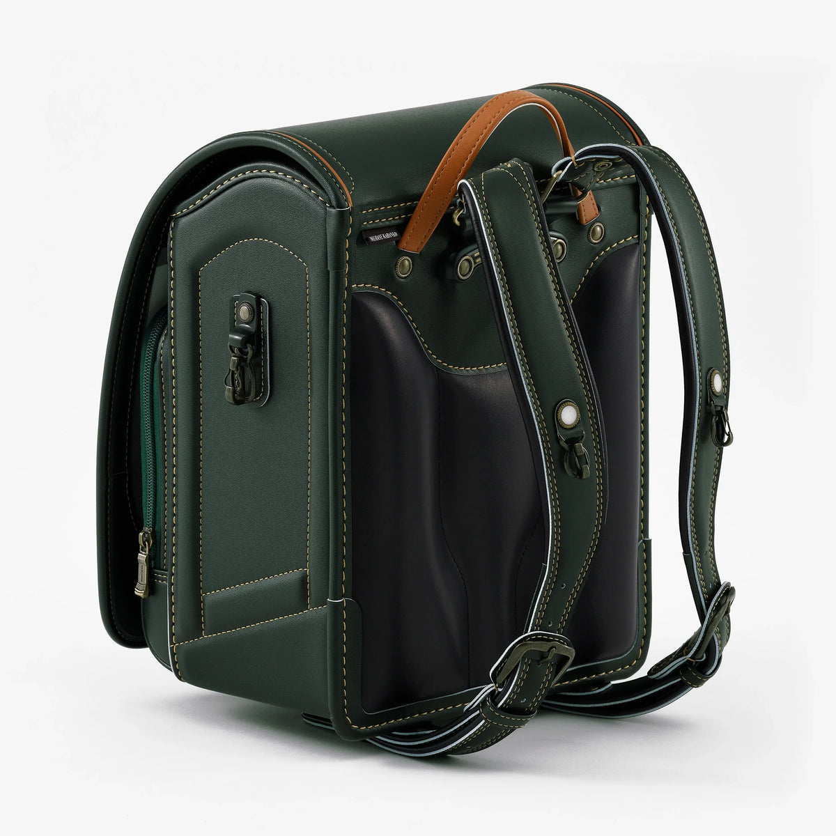 Glanz V Randoseru by Murase Kabanko – green Japanese randoseru backpack with brown handle and detailed stitching, rear view