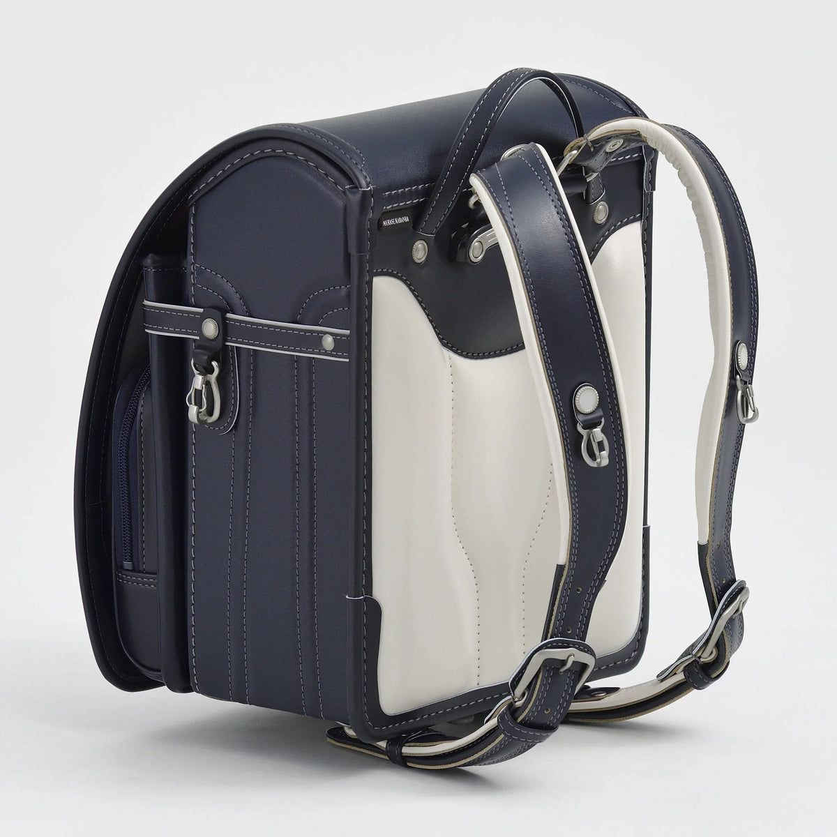 Bolca Randoseru by Murase Kabanko – navy and white Japanese randoseru backpack with padded straps and metal hardware