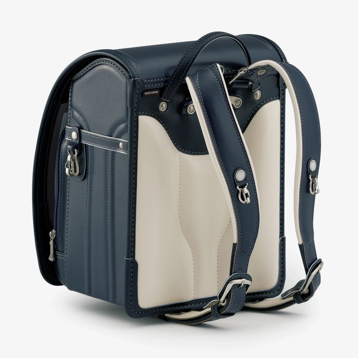 Bolca Randoseru – Leather by Murase Kabanko – navy and ivory Japanese randoseru backpack with detailed stitching and adjustable straps