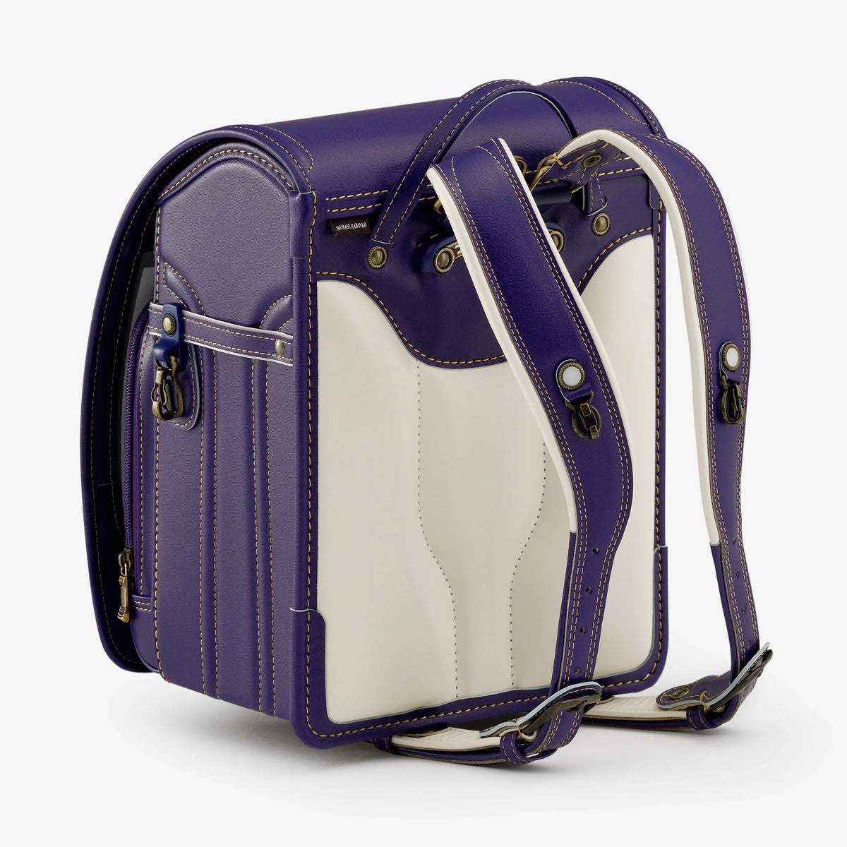 Bolca Randoseru – Leather by Murase Kabanko – purple and white Japanese randoseru backpack with sturdy straps and detailed stitching