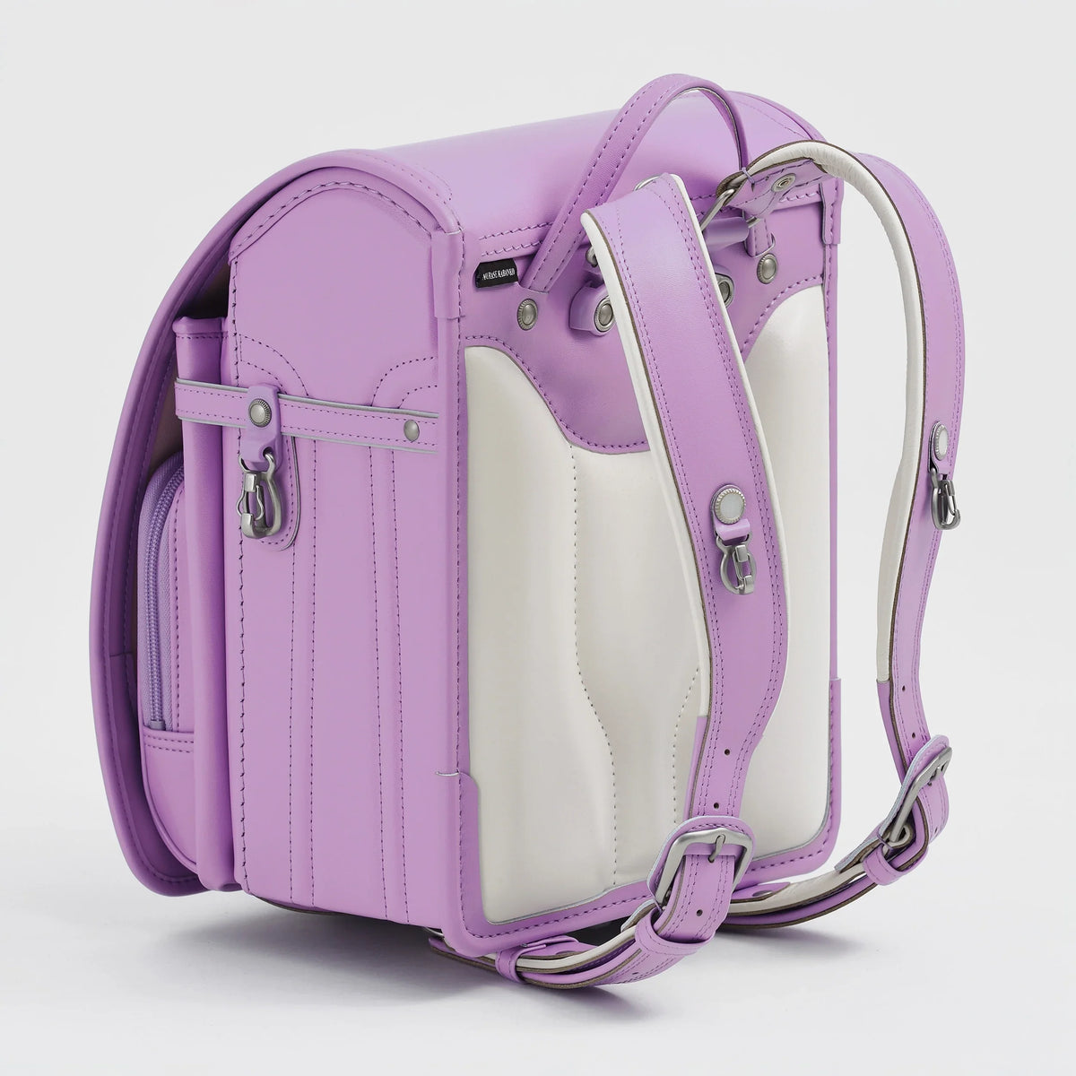 Bolca Randoseru by Murase Kabanko – lavender and white Japanese randoseru backpack with sturdy straps, side zip pocket, and silver hardware