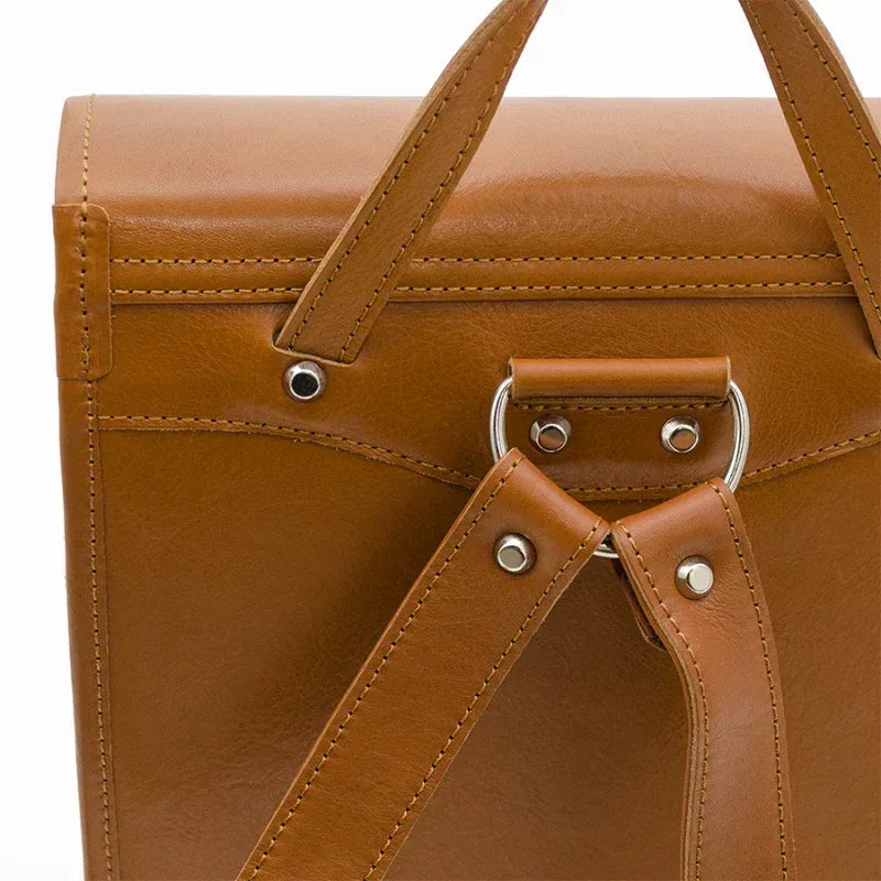 Sofurilla Adult Randoseru by Murase Kabanko – close-up of brown Japanese Randoseru backpack with leather straps and metal hardware