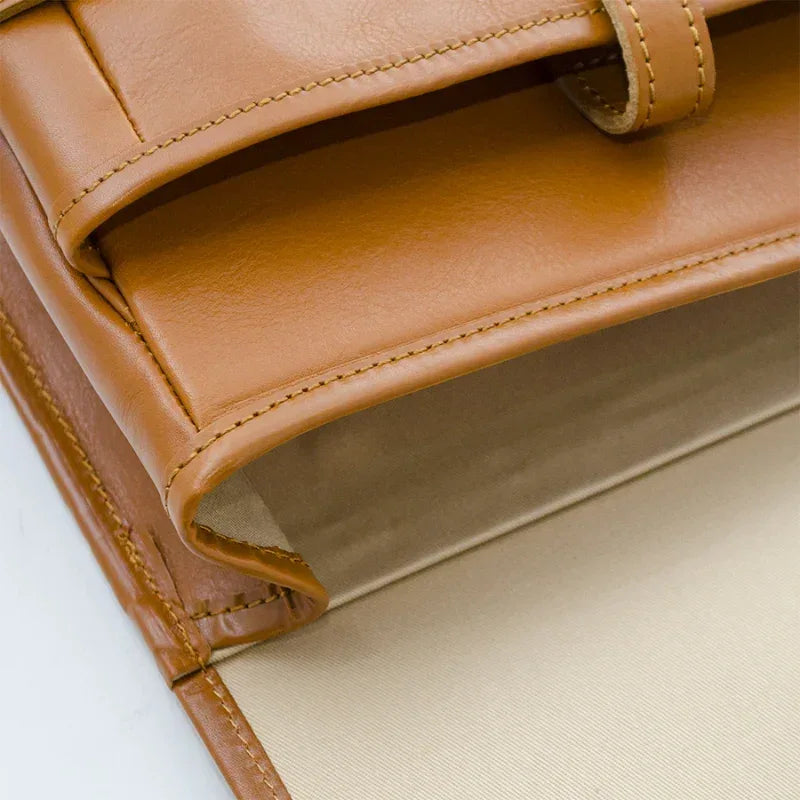 Sofurilla Adult Randoseru by Murase Kabanko – close-up of tan Japanese randoseru backpack showing smooth leather and detailed stitching