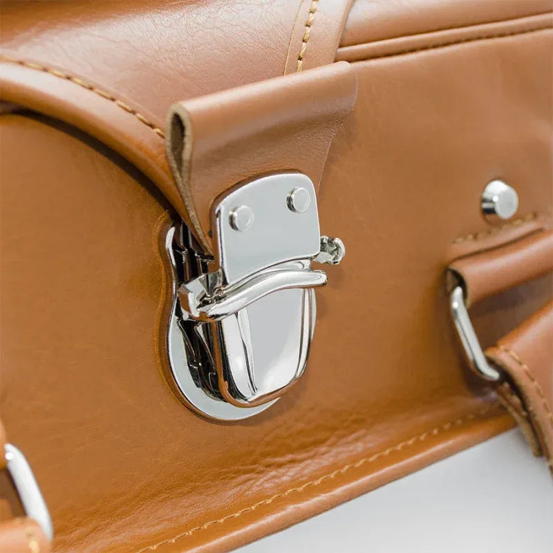 Sofurilla Adult Randoseru by Murase Kabanko – close-up of tan Japanese Randoseru backpack clasp with silver hardware