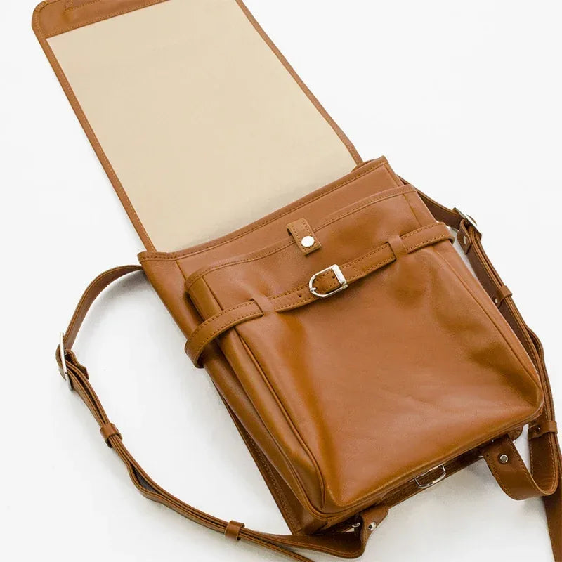 Sofurilla Adult Randoseru by Murase Kabanko – open brown Japanese Randoseru backpack with adjustable straps and smooth leather finish