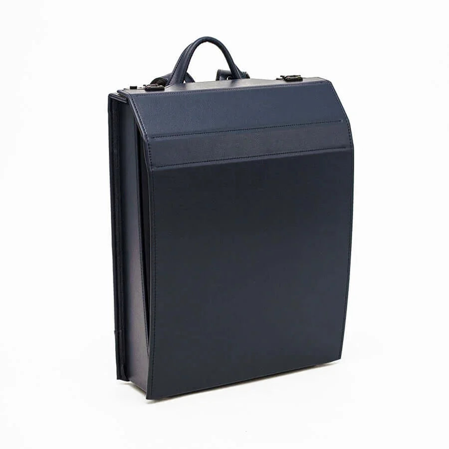 VIR Adults Randoseru by Murase Kabanko – navy blue Japanese randoseru backpack with top handle, minimalist design, on white background.