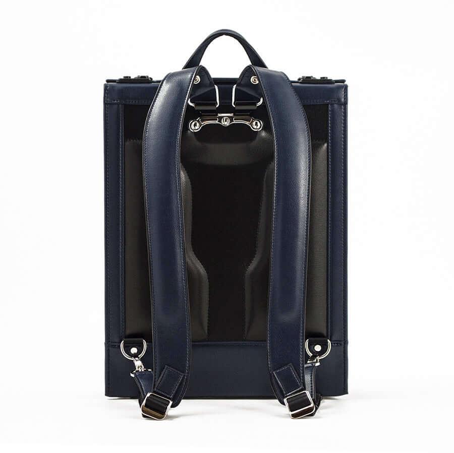 VIR Adults Randoseru by Murase Kabanko – navy Japanese randoseru backpack back view with padded straps and leather details