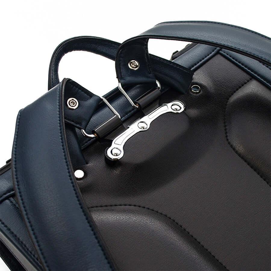 VIR Adults Randoseru by Murase Kabanko – close-up of navy Japanese Randoseru backpack straps and back padding, premium leather finish