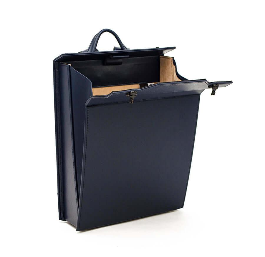 VIR Adults Randoseru by Murase Kabanko – navy blue Japanese randoseru backpack with lid open, showing spacious interior