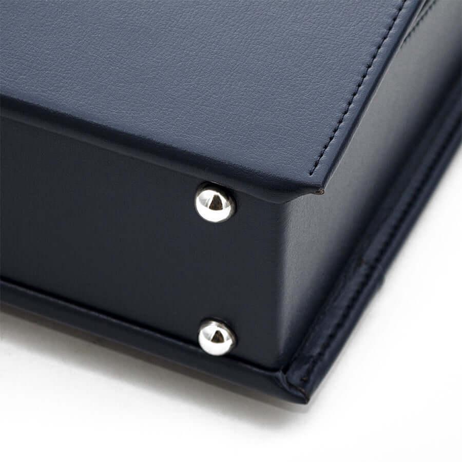 VIR Adults Randoseru by Murase Kabanko – close-up of navy blue Japanese Randoseru backpack corner with silver studs and stitching