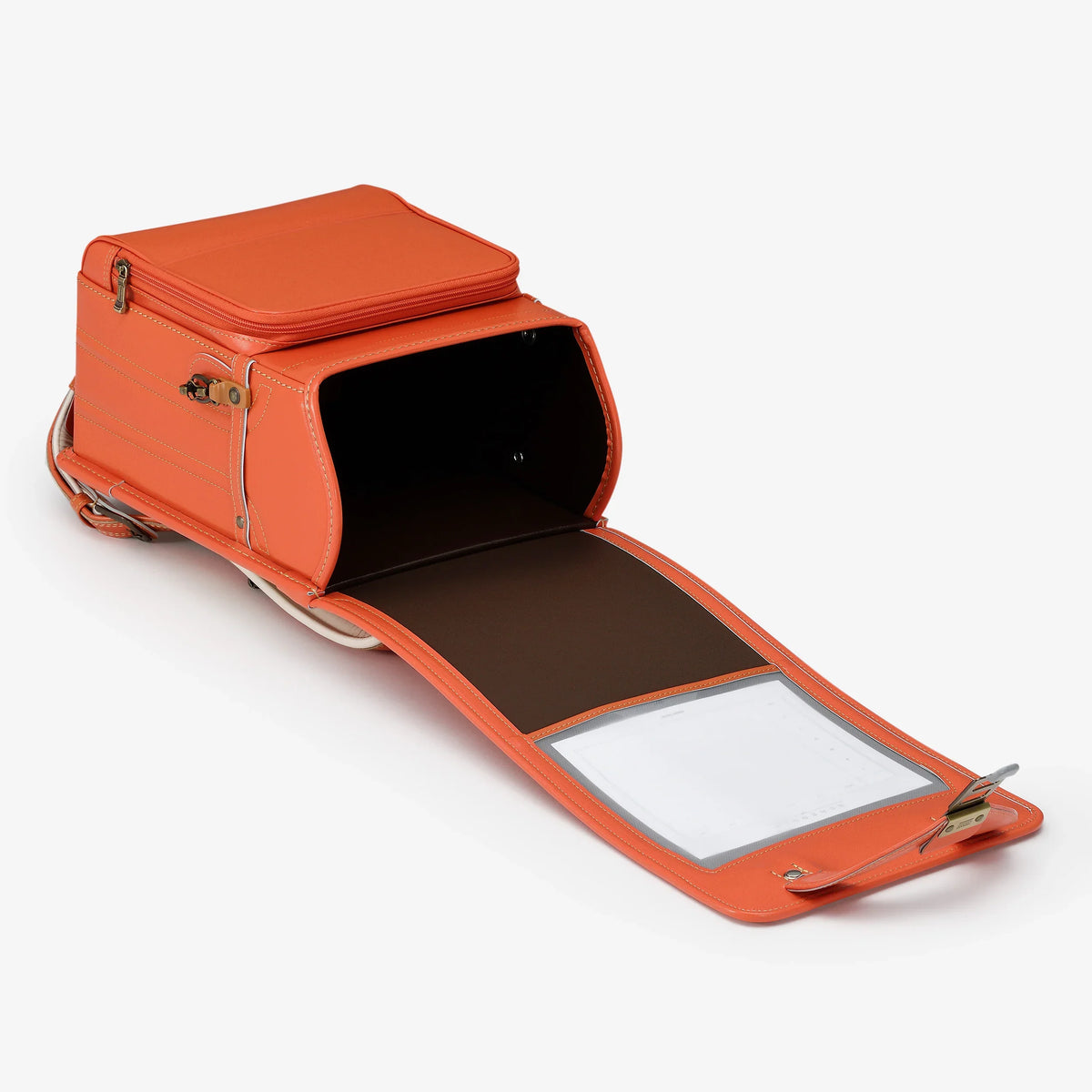 Bolca Randoseru – Leather by Murase Kabanko – open orange Japanese randoseru backpack showing spacious interior and front pocket