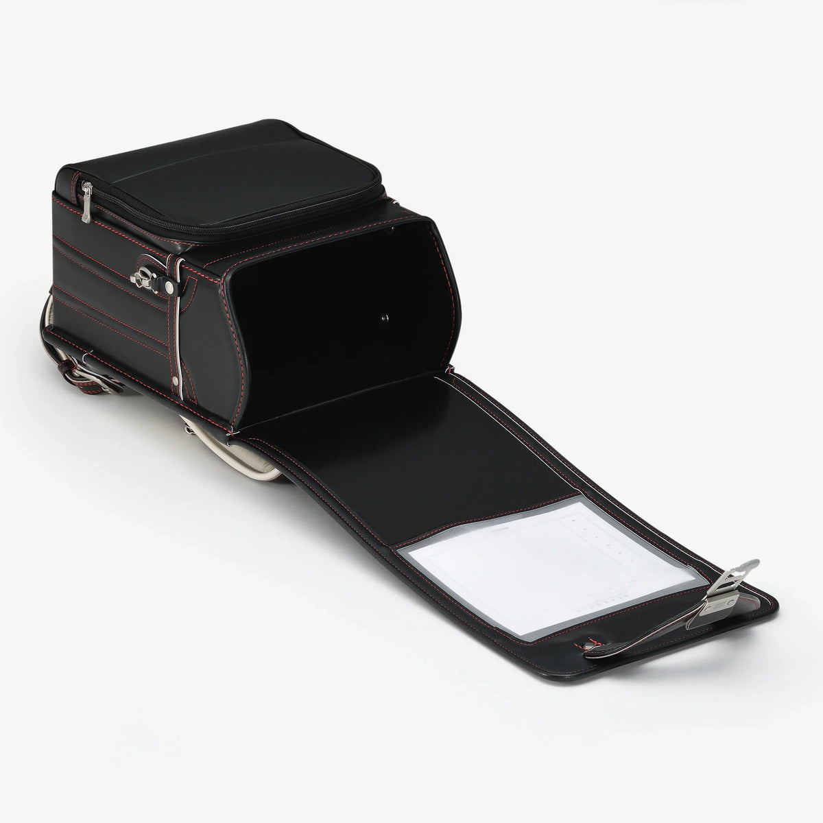 Bolca Randoseru – Leather by Murase Kabanko – black Japanese Randoseru backpack with red stitching, open to show spacious main compartment