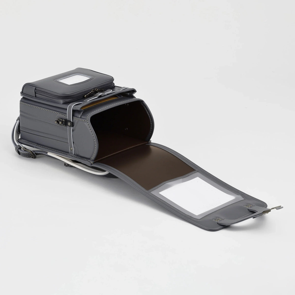 Bolca Randoseru by Murase Kabanko – gray Japanese randoseru backpack with flap open, showing interior compartments